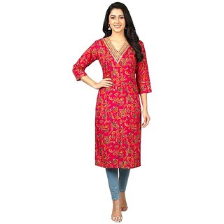 Bedkarn Discharge Print Women's Traditional Kurti, Gold Cotton Floral Print, V-Neck with Embellished Neckline, 3/4 Sleeve Indian Ethnic Dress view 2