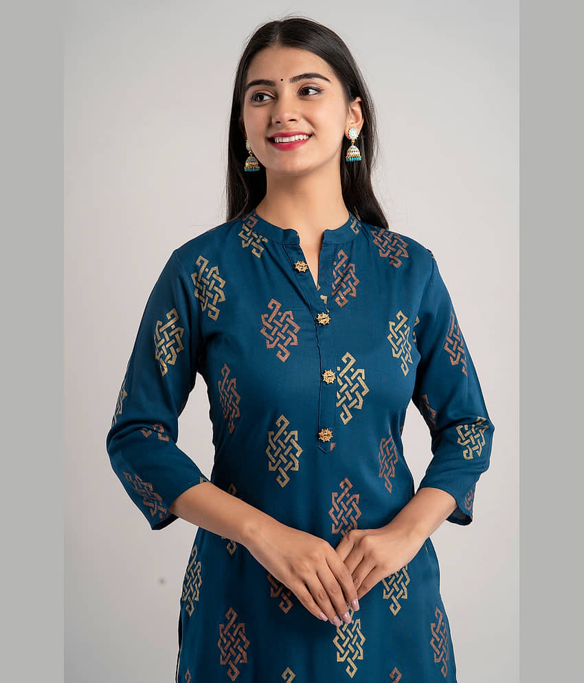 MAUKA - Blue Rayon Women's Straight Kurti ( Pack of 1 ) view 2