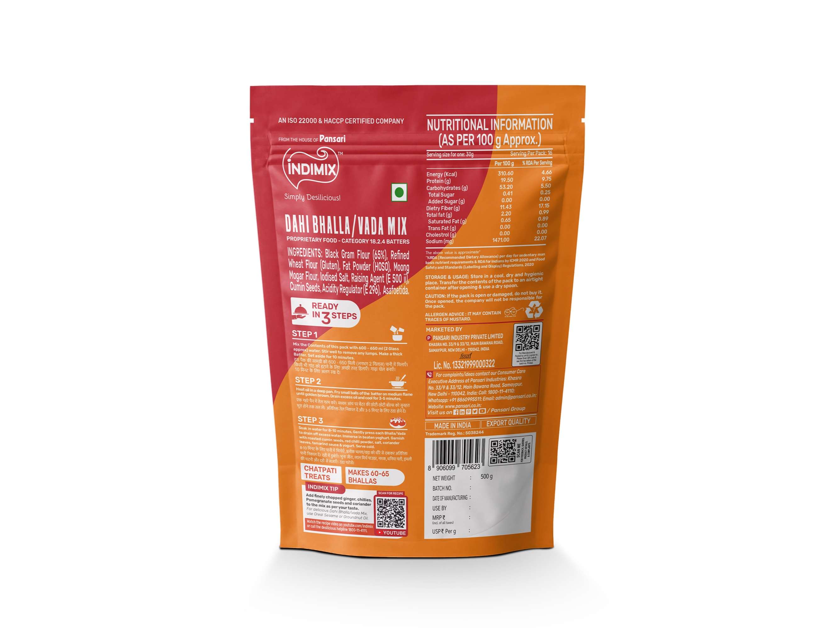 INDIMIX Instant Ready to Cook Dahi Bhalla Mix, Ready In 3 Steps, Healthy & Tasty 500g - Pack of 2 view 2