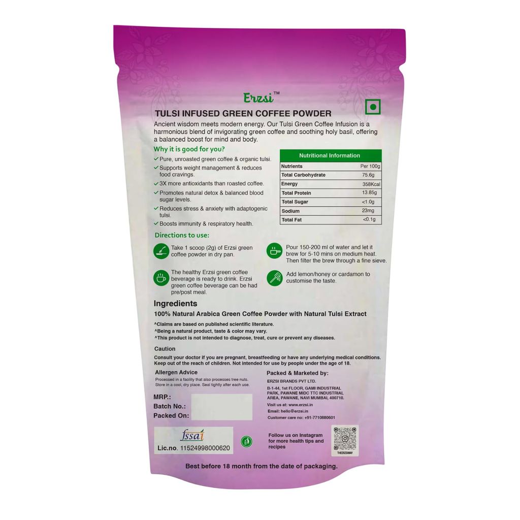ERZSI Tulsi Infused Green Coffee Powder | Weight Loss & Detox Supplement | Organic Unroasted Coffee Beans with Holy Basil | Fast-Acting for Weight Management | 200g view 2