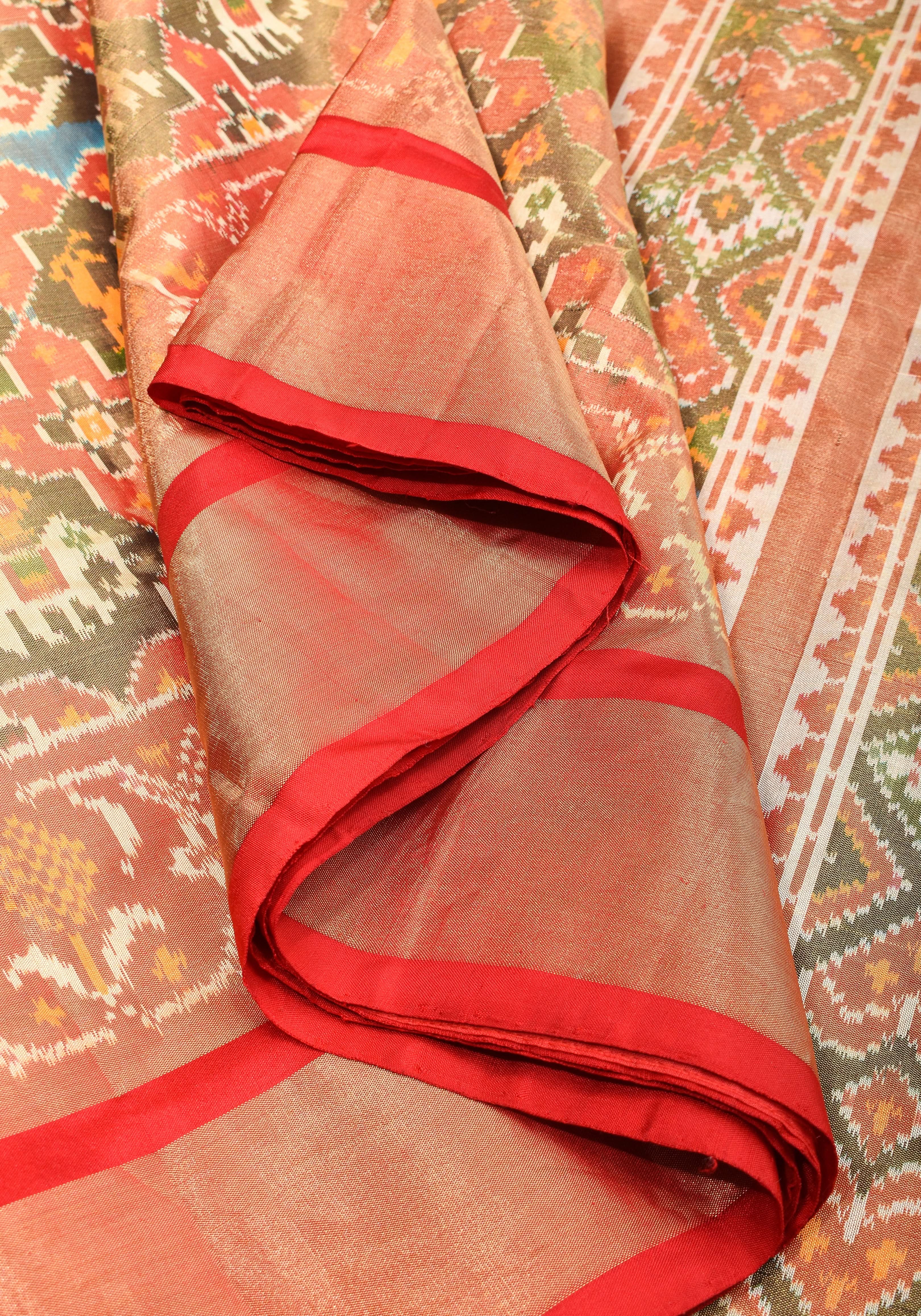 Pure Silk Tissue Ikkat Pochampally Silk Saree in Red & Green with Zari Border | SILK MARK CERTIFIED view 2