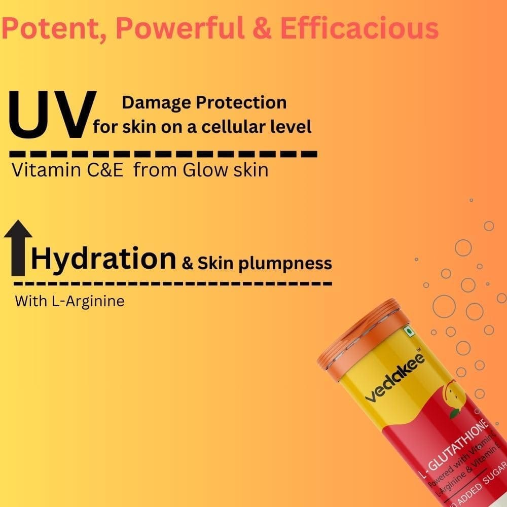 Vedakee L-Glutathione Effervescent Tablets (Orange, 80 Tablets) | Vitamin C & E for Skin Glow, Hydration, Detox, and Antioxidant Support | Glutathione 600mg with Hyaluronic Acid view 2