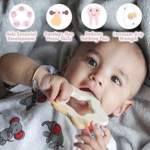 Shreeja Shilpcraft Neem Wood Baby Teething Set, Star Teether and Dumbbell Teether, Natural Wood, 4-Piece Pack view 2