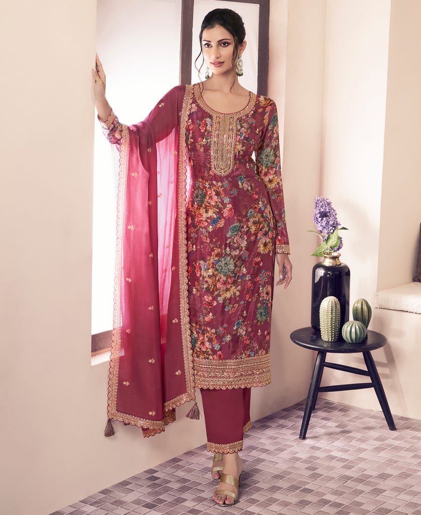 Floral Printed Magenta Long Suit for Women (Chinon Fabric)