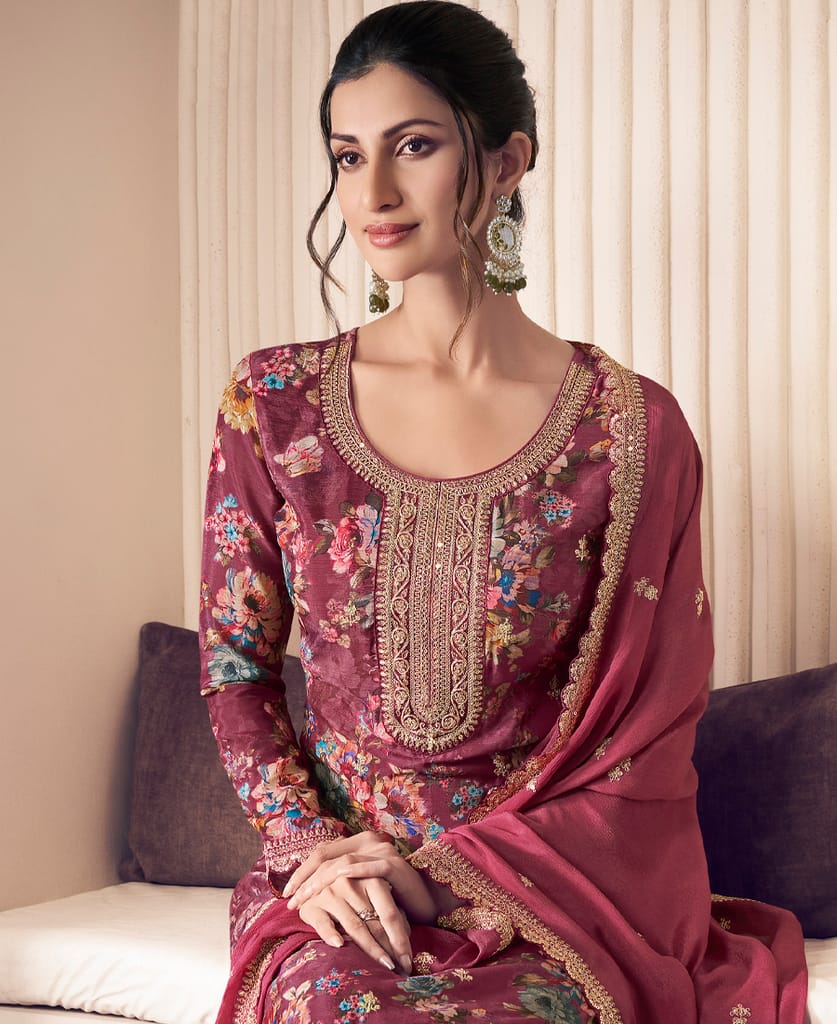 Floral Printed Magenta Long Suit for Women (Chinon Fabric) view 2