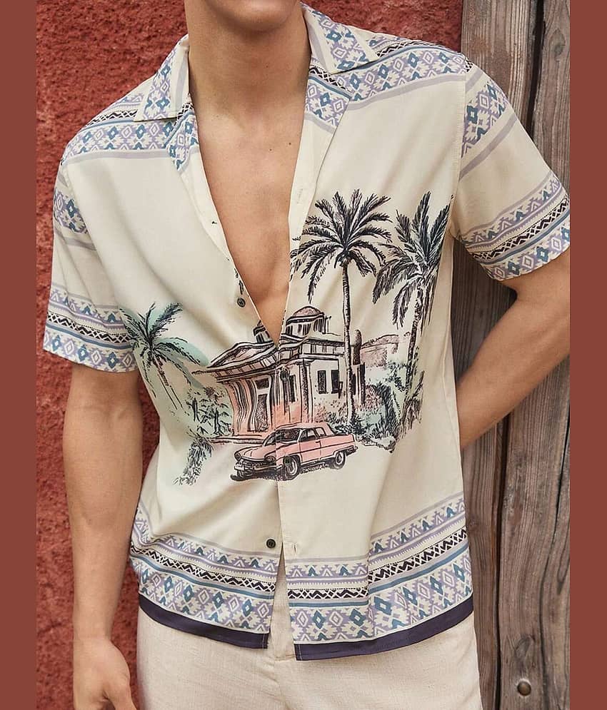 HARPITA Cotton Blend Regular Fit Printed Half Sleeves Men's Casual Shirt - Cream ( Pack of 1 ) view 2