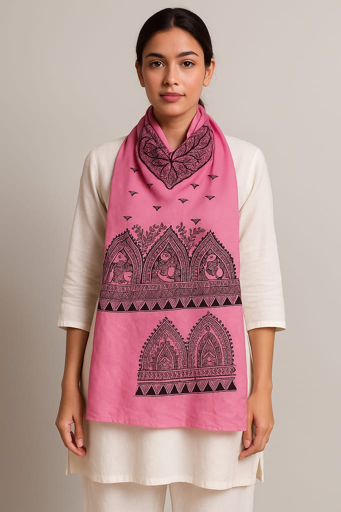 Handcrafted Madhubani Art Silk Stole – Pink view 2