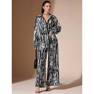Black White Abstract Print Co-Ord Set with Collared Shirt view 2