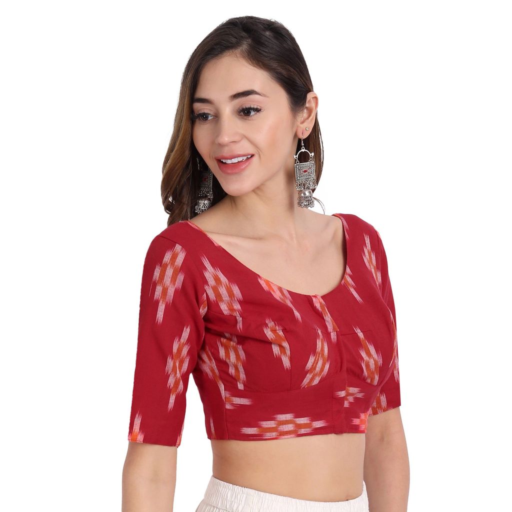 Ikkat Normal Cotton Elbow Length Sleeve Blouse, Red view 2