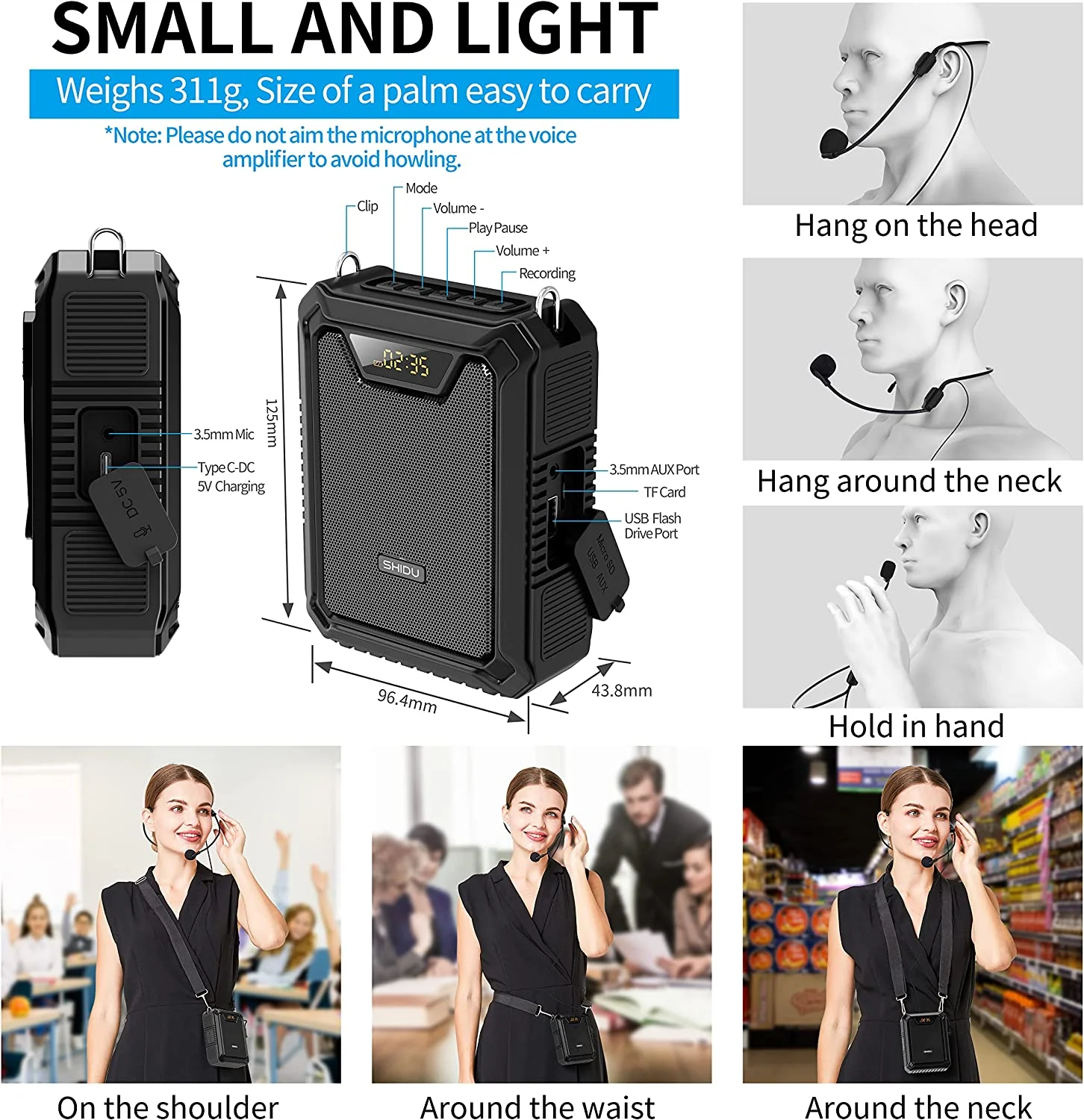 Shidu M808 - Wired Portable Voice Amplifier with LED Display and Speaker (Black) view 2