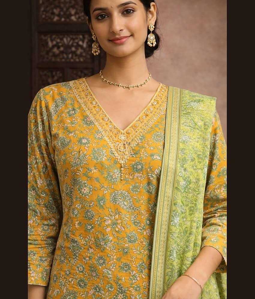 Aarika Women Cotton Printed Straight Kurti With Pants ( Mustard ) view 2