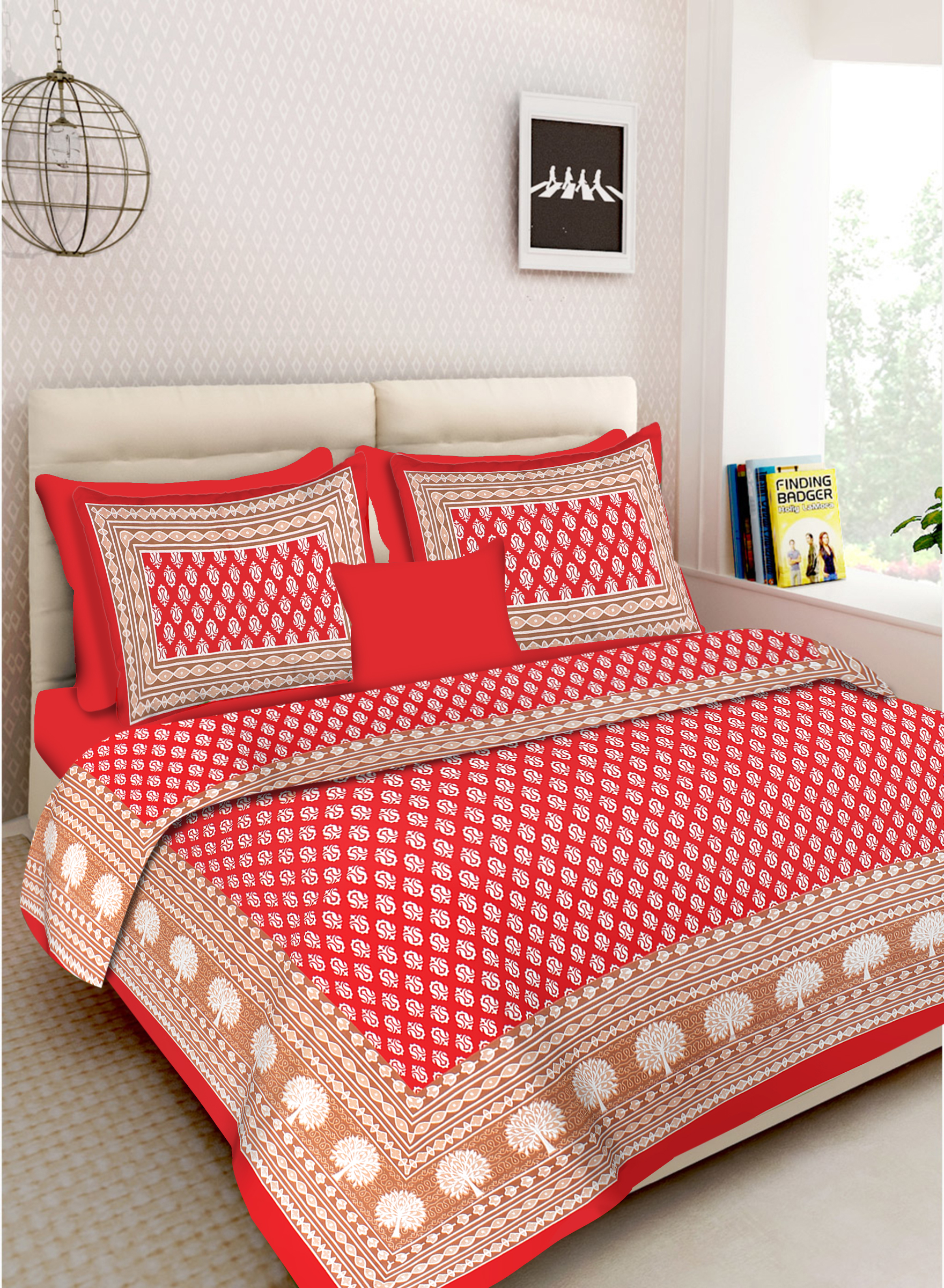 Lali Prints Jaipuri Red White Printed Cotton 130 TC Queen Bedsheet with 2 Pillow Covers view 2