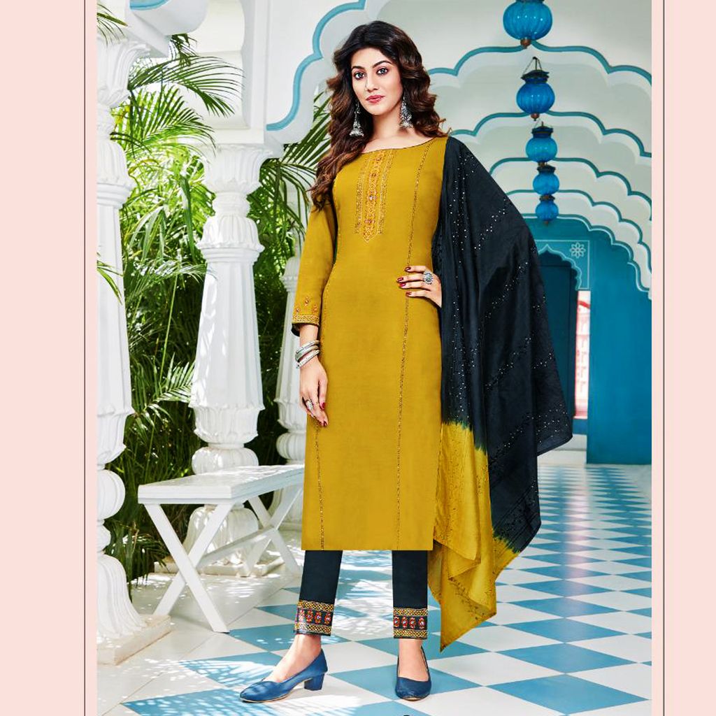 TALK BY FASHION Women Embroidered Olive Green Kurta with Pants & Dupatta