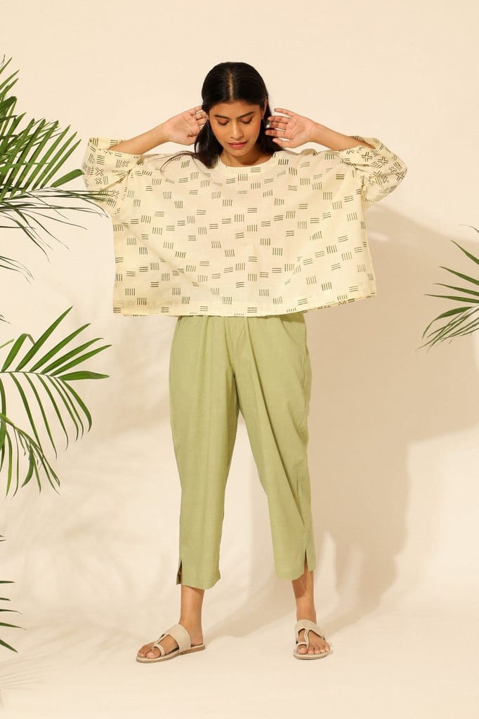 Tiera White And Green Block Printed Boxy Top view 2