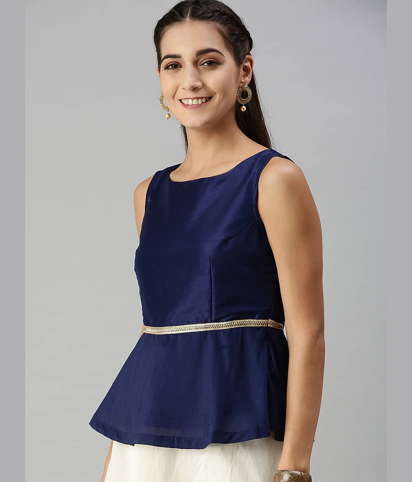 De Moza Women's Polyester Peplum Top ( Navy Blue ) view 2