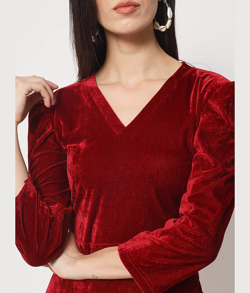 Rudrakriti Women Velvet Solid A-line Dress ( Red ) view 2