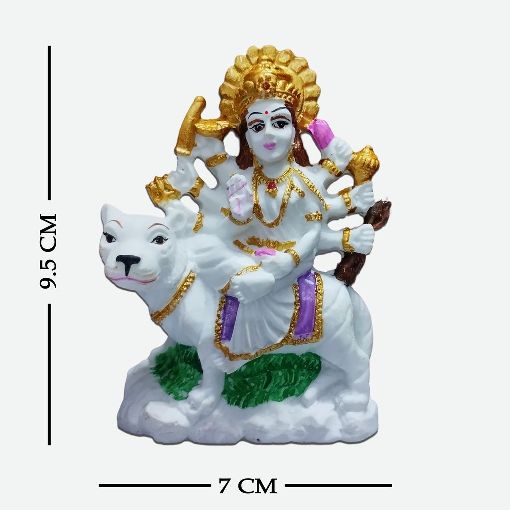 Vishu Store: Handicraft Marble Dust Durga Maa Idol Showpiece Figurine, Sherawali Ambe Maa Murti Statue for Pooja Gift, 9.5 CM Height, White & Golden view 2
