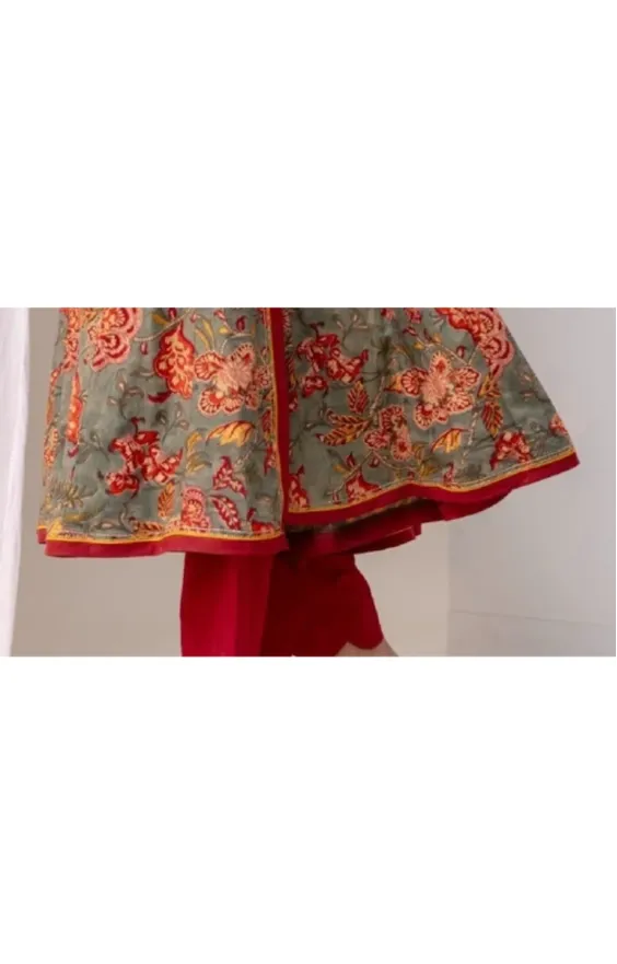 Cloud Grey Angrakha Cotton Suit Set with Hand Block Prints view 2