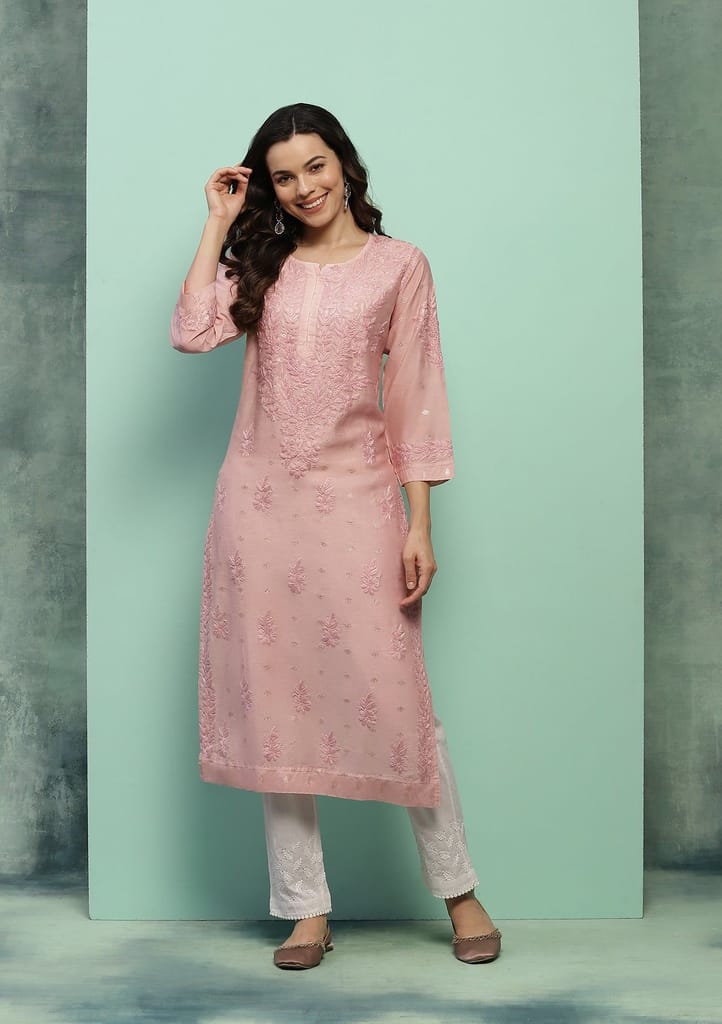 Chanderi Chikankari Solid Women's Long Kurta - Dust Pink view 2