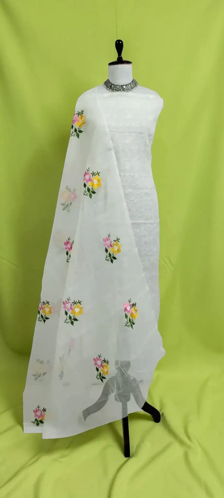 Kota Doria Dress Material with Hand-Embroidered Floral Jaal
