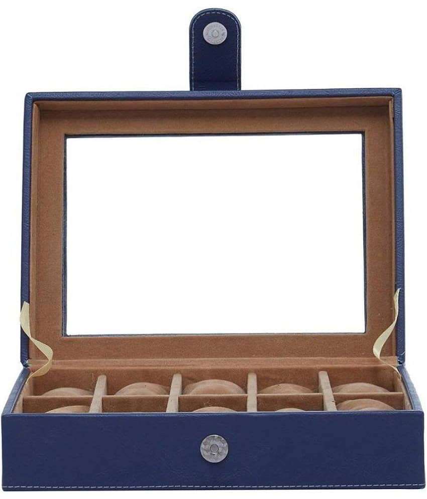 Leather World 10 Compartments Blue PU Leather Designer Watch Box Case with Clasp Closure view 2