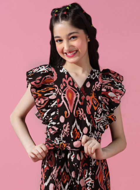 Girls Printed V-Neck Waist Tie Ups Basic Jumpsuit view 2
