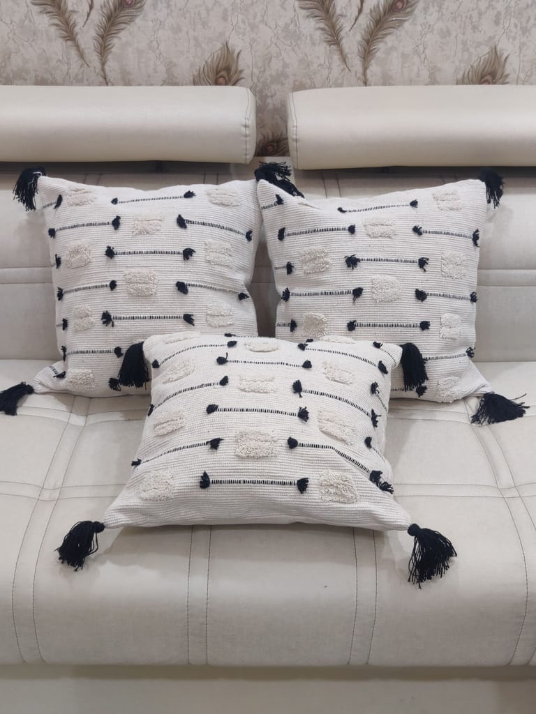 BulkySanta handtufted Cotton Cushion Covers for Sofa, 16 in x 16 in (White Black Stitch) view 2