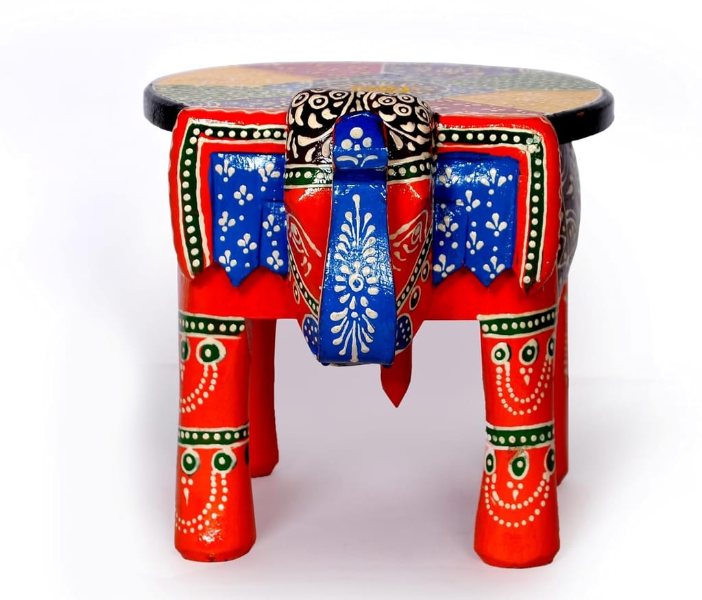 Daksh Art and Crafts -Wooden Elephant Stool, Puja Stool and Planter Stand for Living Room/Bedroom/Kitchen/Balcony and Office Stool, Embossed Painted, Elephant Shape (Orange) view 2