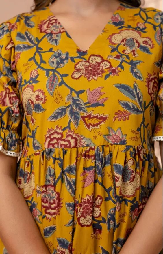 Mustard Yellow 3-Tier Floral Cotton Midi Dress with Puff Sleeves view 2