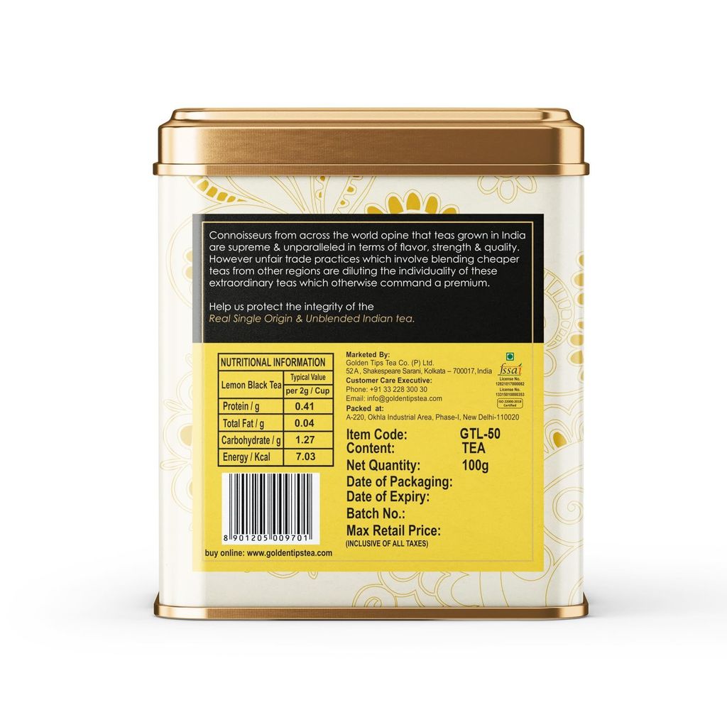Golden Tips Healthy/Natural and Organic Loose Leaves Lemon Flavour Black Tea Tin Can (100 Gram, 50 Cups) view 2