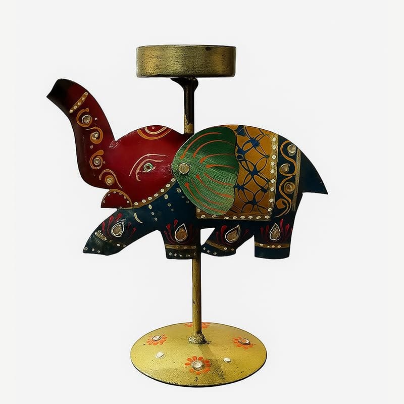 Decorative Metal Elephant Candle Holder, Handcrafted Traditional Diya Stand, Red and Green, 15x14 cm, Table Decor for Home, Pooja, Festive Lighting view 2