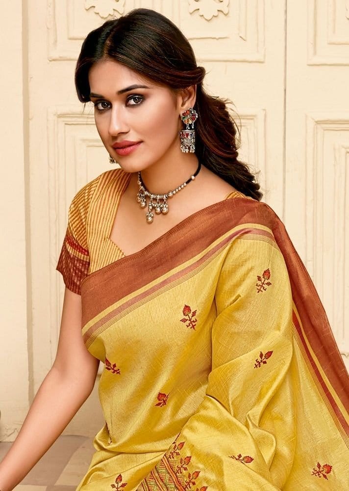Embroidered Tussar Silk Saree With Zari Border And Embroidered Blouse Material view 2