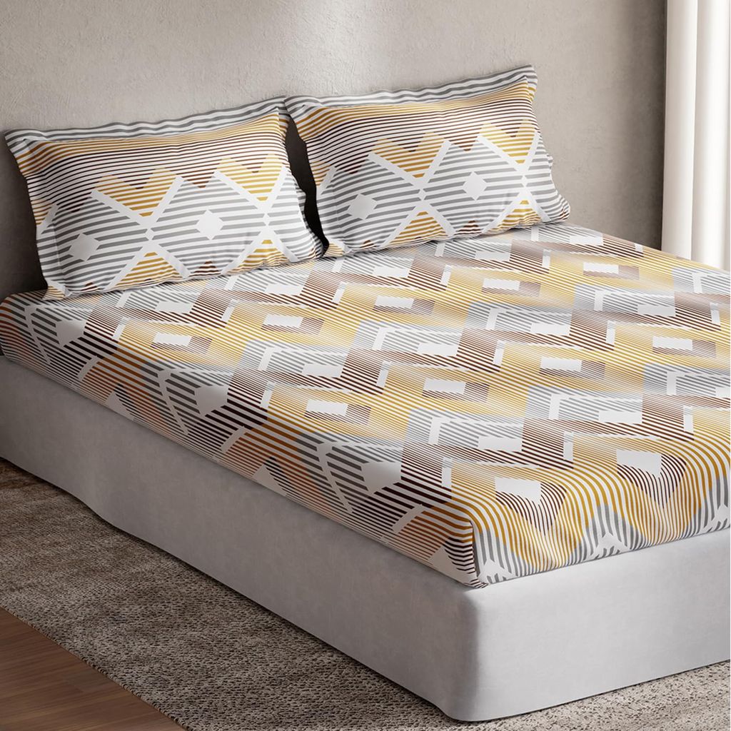 DDECOR - Optima Collection 100% Cotton Geometric Pattern 144TC Queen Bedsheet |224 CM X 254 CM| Brown view 2