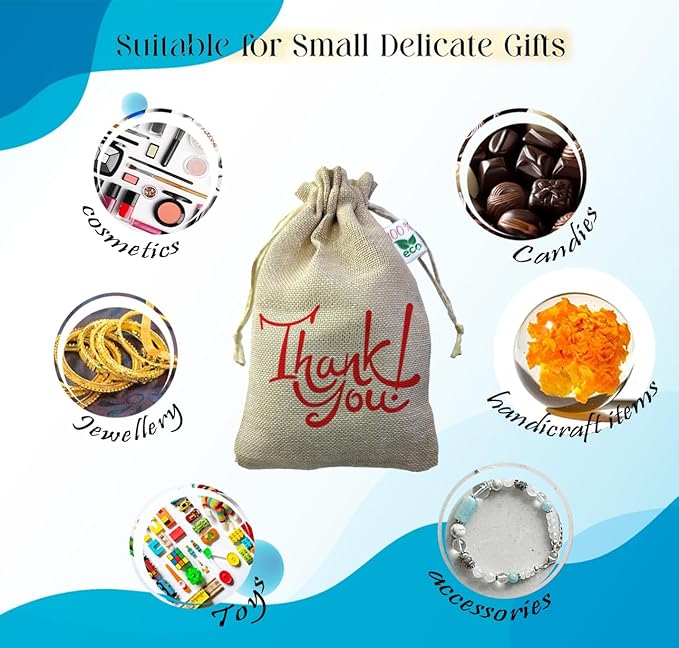 Ivarian - Potlis for return gifts, jute potli bags, Drawstring Potli pouches, Birthday, Wedding return gift (16x24cms, Thankyou 1, Set of 25) view 2