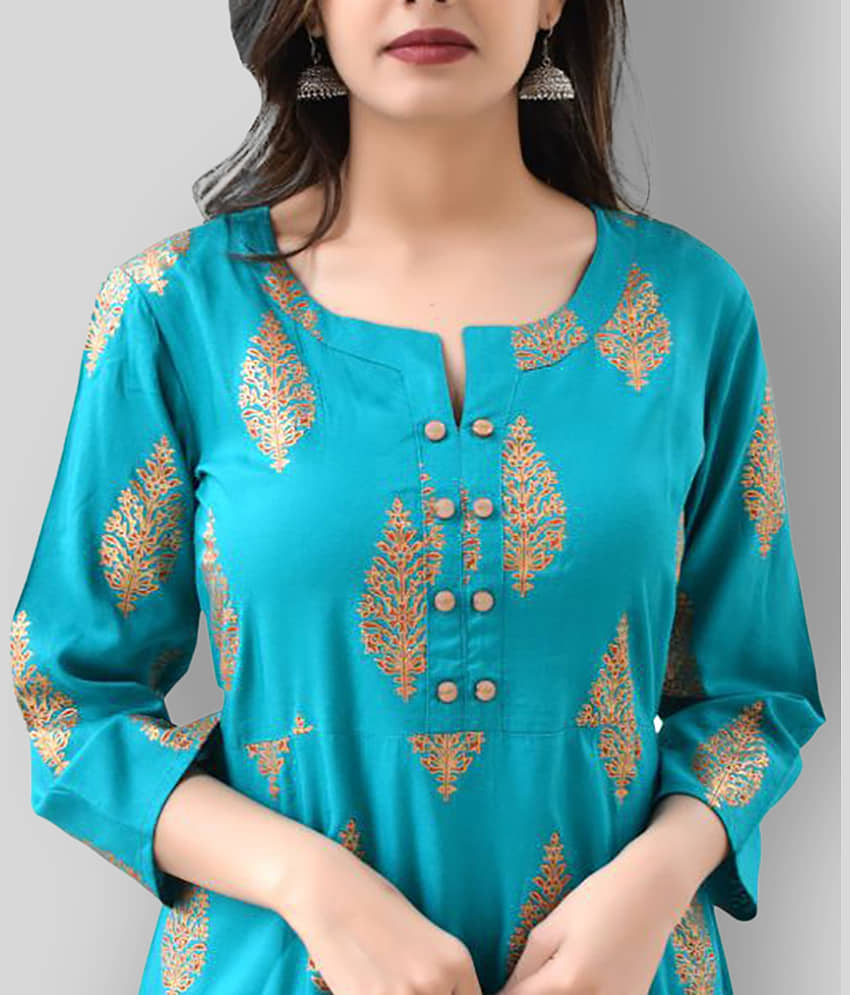 ZAMAISHA - Turquoise Rayon Women's Flared Kurti ( Pack of 1 ) view 2