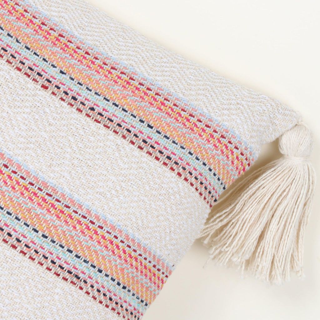Hand Stitched Embroidery Cushion Cover | Handmade Off-White and Red Woven Tassel Pillow Cover | Rectangle Shape 14X20 Inches Cushion Cover view 2