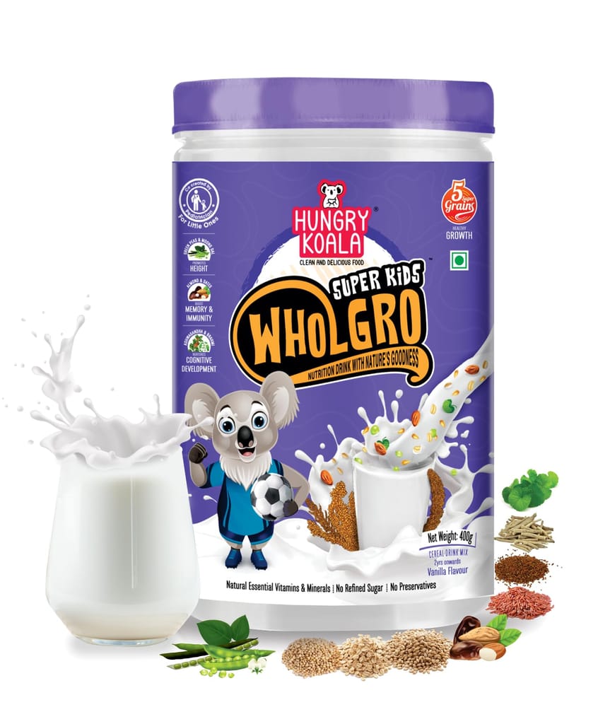 HUNGRY KOALA Wholgro Superkids - Nutrition Drink Mix (Made With Ragi, Jowar, Peas, Almond, Dates, Ashwagandha, Brahmi & Jaggery) – 400g