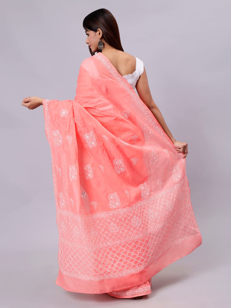 Seva Chikan Hand Embroidered Peach Terivoil Cotton Lucknowi Chikankari Saree- SCL6053 view 2