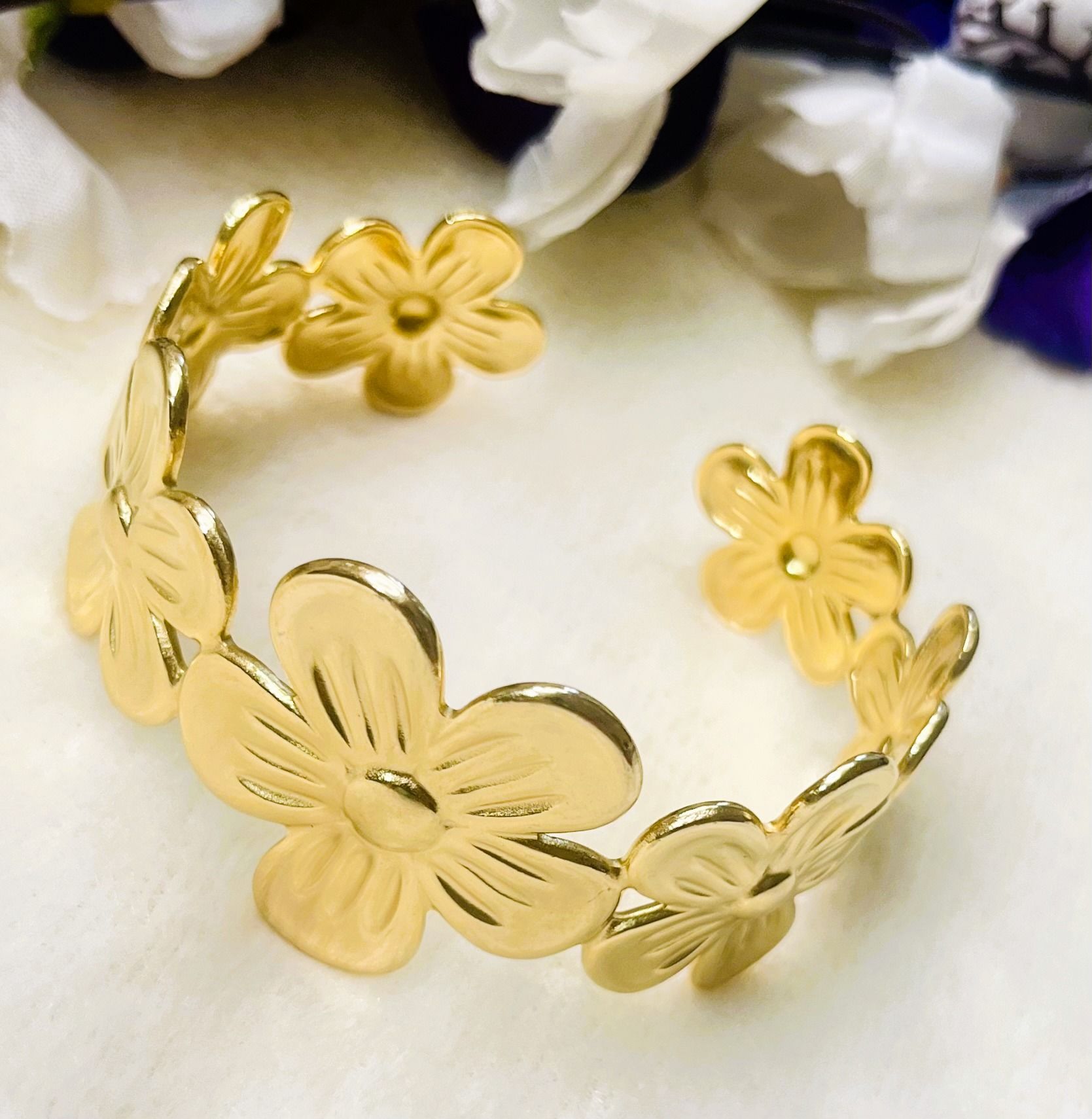 Elegant Gold-finish Floral Cuff Bracelet for Women view 2