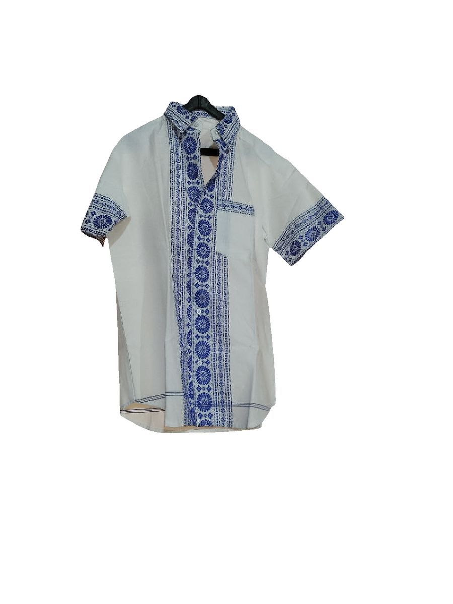 Men's Half Sleeves Cotton Shirt with Blue Embroidery