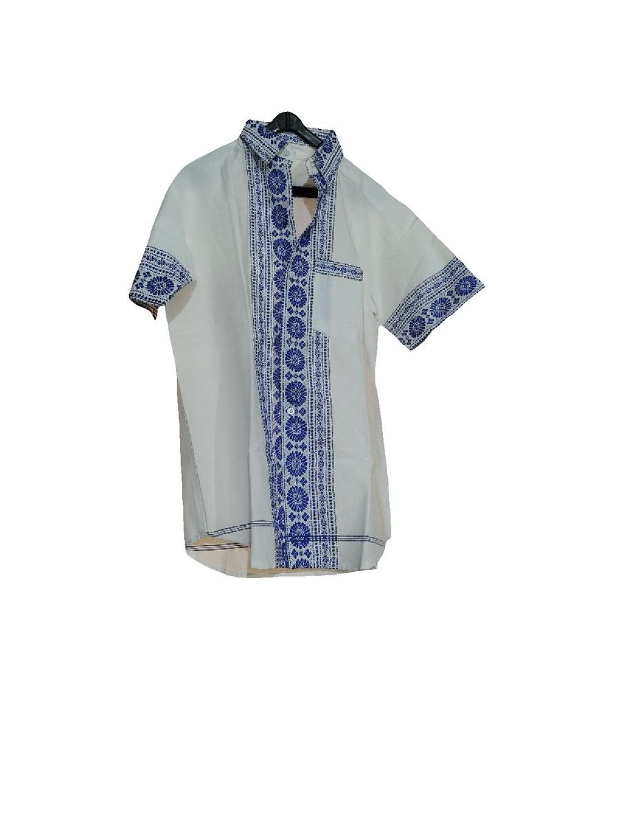 Men's Half Sleeves Cotton Shirt with Blue Embroidery view 2