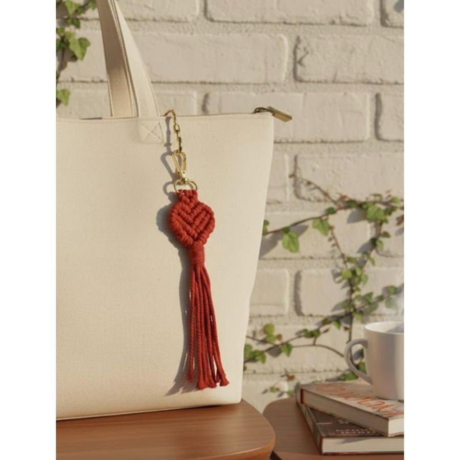 Handmade Macrame Crochet Cute Heart Keychain with Tassel for Girls, Boys, Men, Women | Cotton Cord Boho Bag Charm | Decorative Key and PhoneAccessory | Red