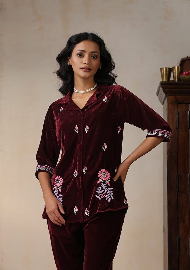 Velvet Chikankari Solid Women's 2 PC Co-ord Set - Maroon view 2