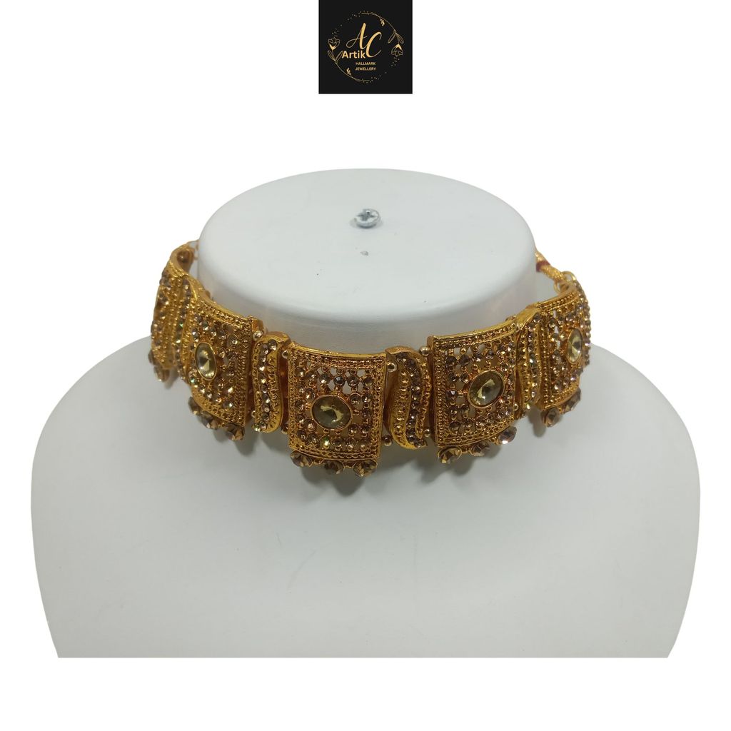 Artik Luxury Handcrafted Gold Plated Guluband Necklace with Earrings, AD Brown view 2