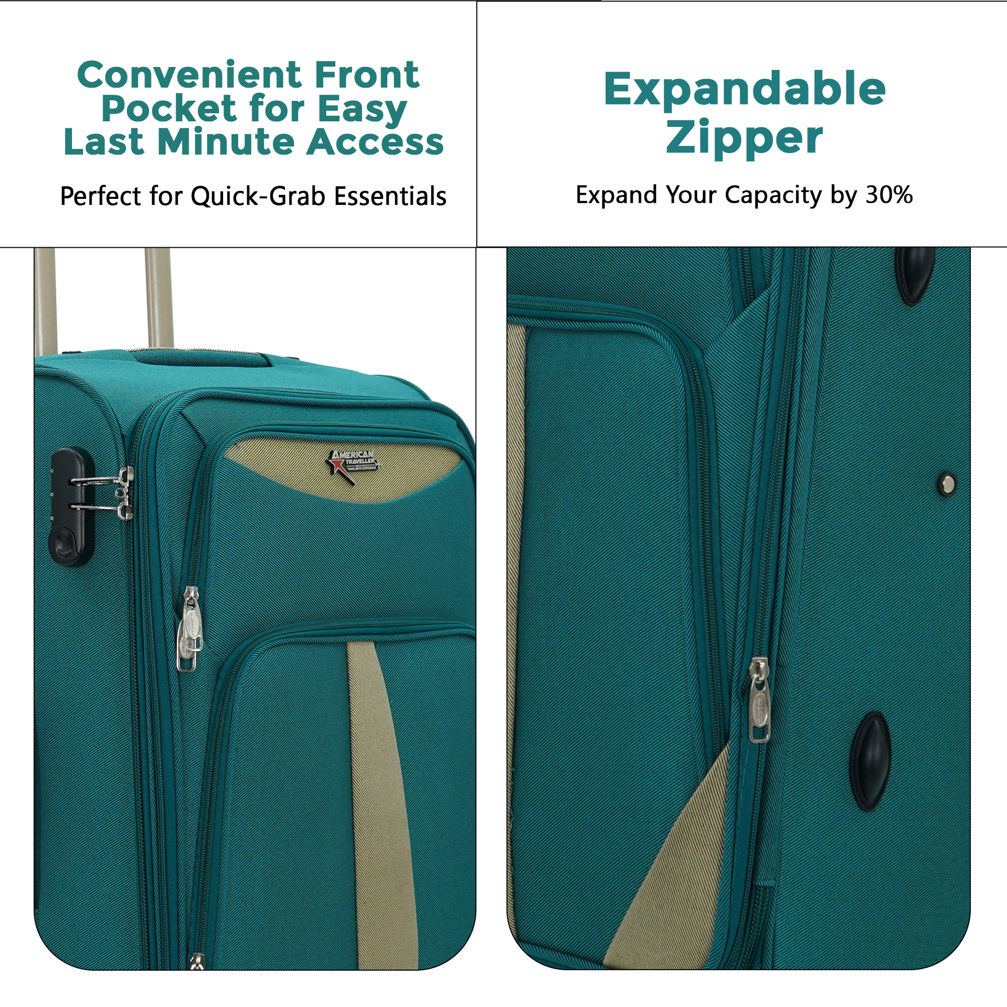 AMERICAN TRAVELLER TourisForever Trolley Bag Set of 3 | Cabin, Medium, Large | Expandable Travel Suitcase | Heavy-Duty Nylon | 3 Digit Number Lock | 360 Lego Wheels | Durable Handle (3, Tea Green) view 2
