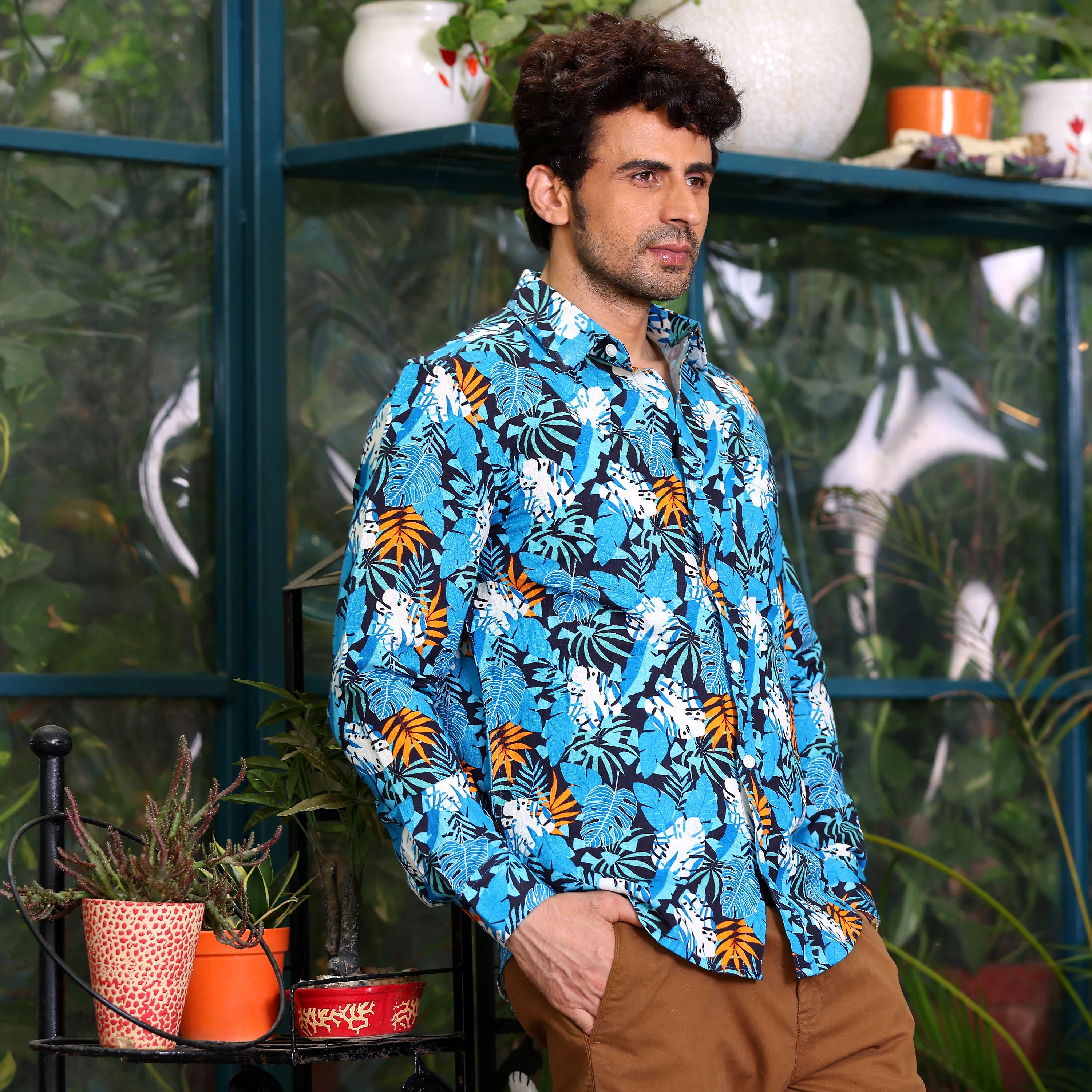 Philodendron Selloum Plant Blue Casual Pure Linen Full Shirt (Size - M) by BLUE EAGLE view 2