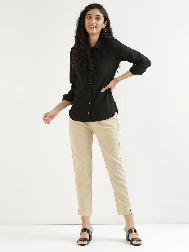 Women's Black Solid Shirt With Beige Top view 2