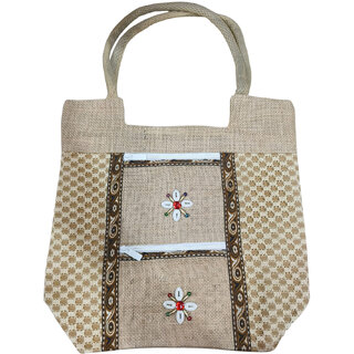Handmade Jute Handbag for Women Eco-Friendly Natural Fiber Tote Bag with Zipper Pockets Ethnic Indian Handicraft Sho