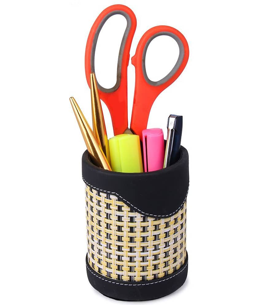 Rasper Black Leather & Mat Pen Holder For Office Table Stylish Round Pen Pencil Holder Desk Organizer Multipurpose Pen Stand Holder (3x3x4 Inches) view 2