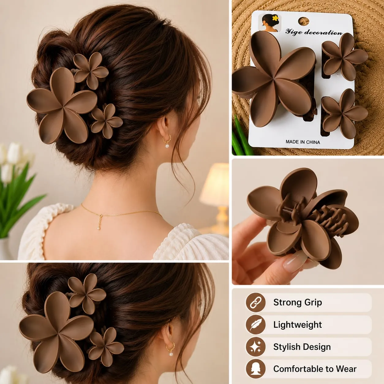 Brown Elegante Frangipani Bloom Hairclip Set 3